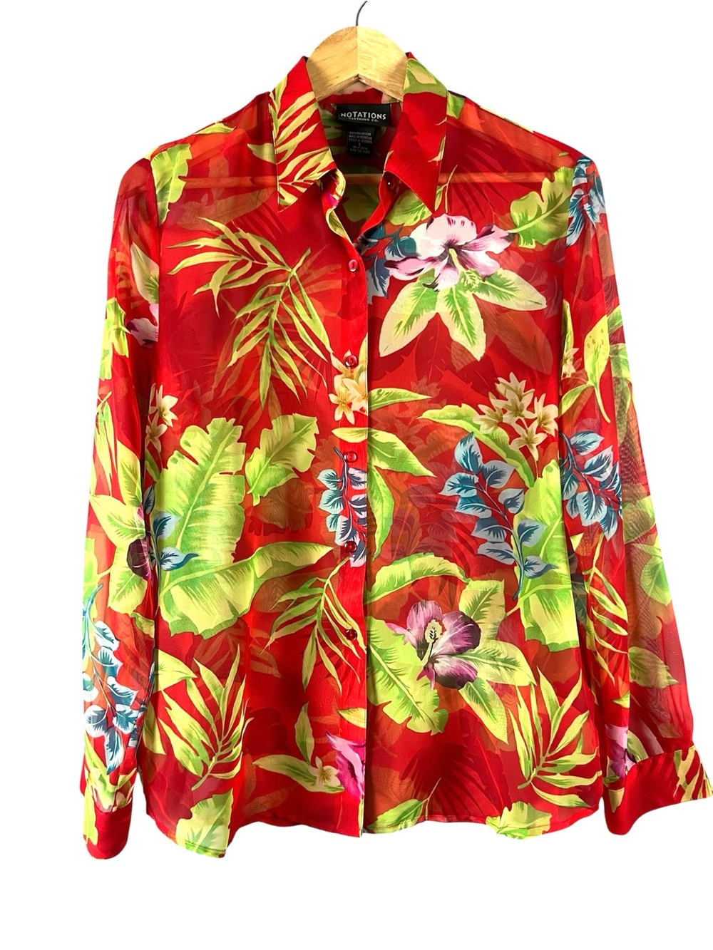 Notations NWT Sheer Red Tropical Floral Button-Up Blouse